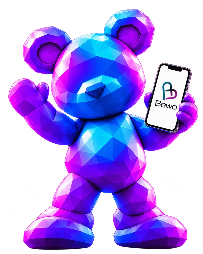 Bewy, la mascotte BEWA, con lo smartphone